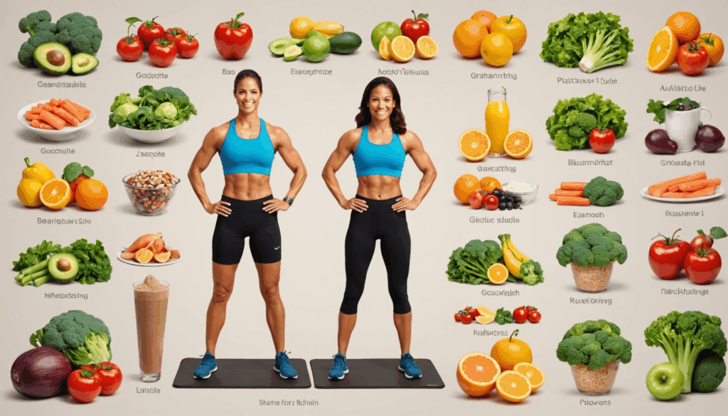 骨格ナチュラルの体型を持つ人が、筋トレや有酸素運動を行い、栄養価の高い食事を楽しむ様子を描いた写真。健康的なライフスタイルを表現しています。