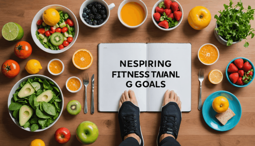 フィットネス目標を設定する人の写真。モチベーションを高める名言や健康的な食事に囲まれた明るい環境で、自分のダイエットに向けた継続的な努力を象徴しています。