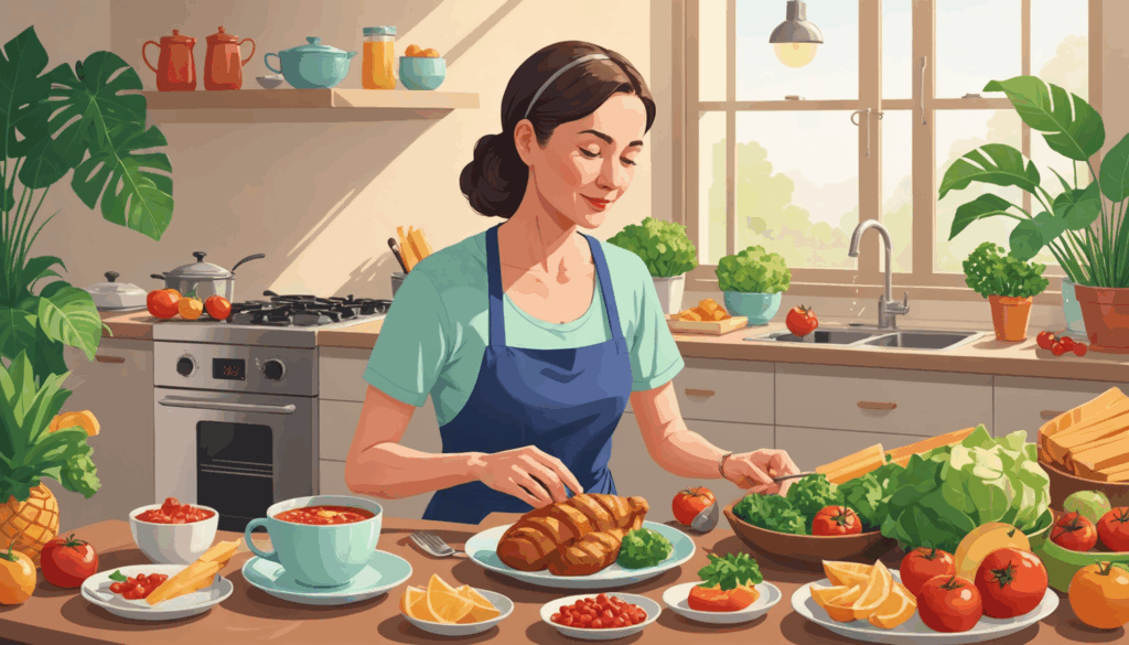 30代の女性が健康的な食事と楽しい運動を行っている様子を描いたイラスト。ストレス管理と質の高い睡眠を象徴する穏やかな環境に囲まれています。