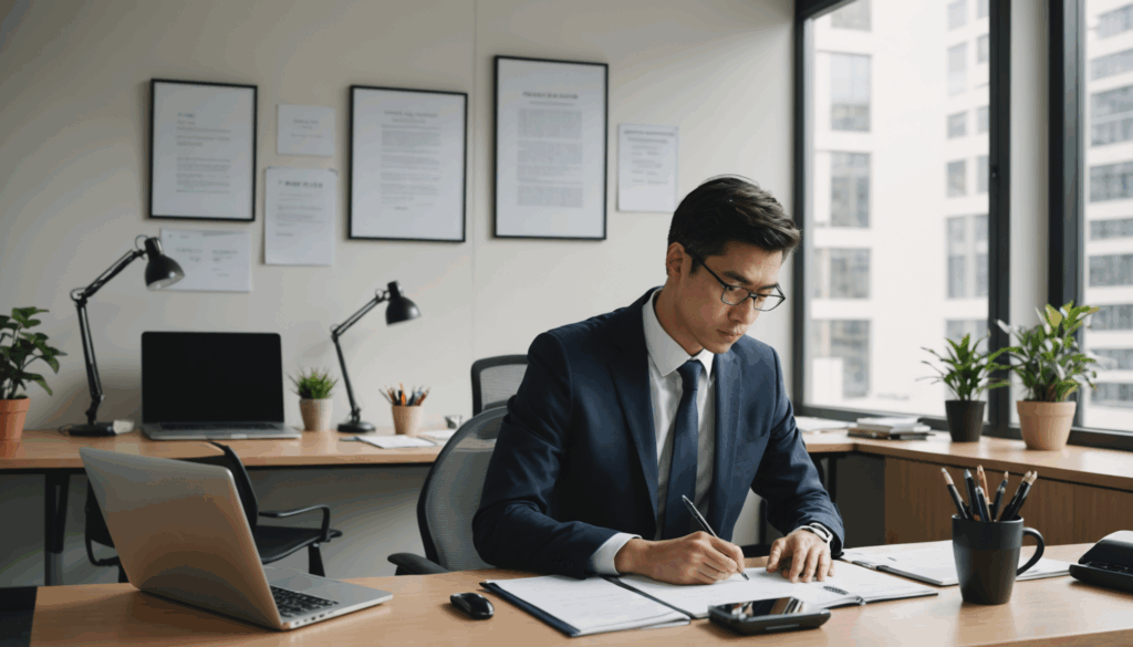 オフィスで転職の準備をしている人物の写真。整然としたデスクにはラップトップや書類、観葉植物があり、退職に向けた落ち着いた雰囲気が漂っている