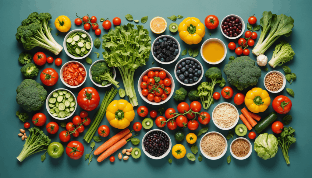 40代女性の健康的な生活を表現した写真。高タンパク質と野菜を使ったバランスの取れた食事や、有酸素運動と筋力トレーニングの様子、質の良い睡眠やストレス管理を象徴する要素が含まれている。