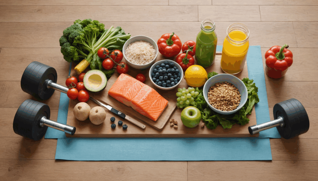 健康的な食事と運動器具(ダンベルやヨガマット)が配置された、心の安らぎを表現した風景の写真。ダイエットやリバウンドを意識した生活習慣を促す内容。
