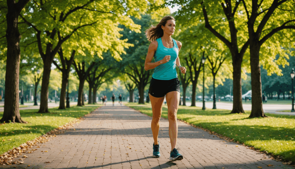 公園で自信を持って歩く女性の写真。脚痩せやむくみ解消のための運動やストレッチを実践している様子