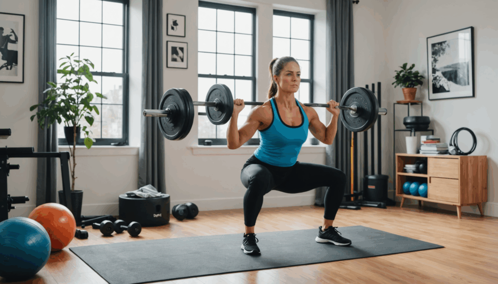 自宅で筋トレを行う人の写真。明るく快適な環境で、健康的なライフスタイルを実践している様子が描かれている