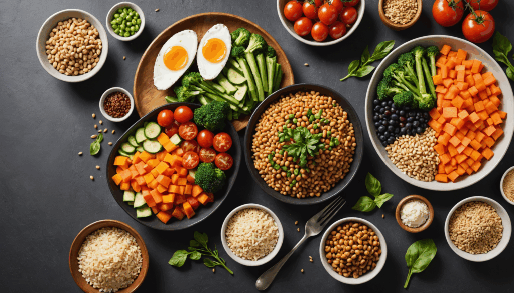 高タンパク・低脂肪の食事の写真。カラフルな野菜と全粒穀物を使ったダイエット向けのバランスの取れた食事が盛り付けられている様子。