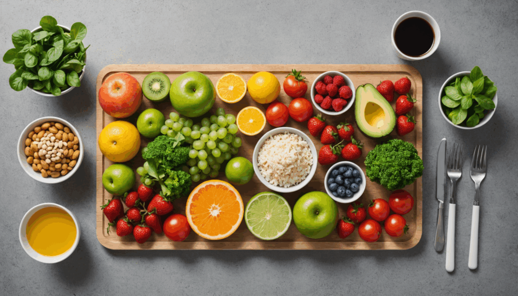 健康的な食事や運動器具が配置された、ダイエット成功のためのバランスの取れたライフスタイルを表現した静かな環境の写真。