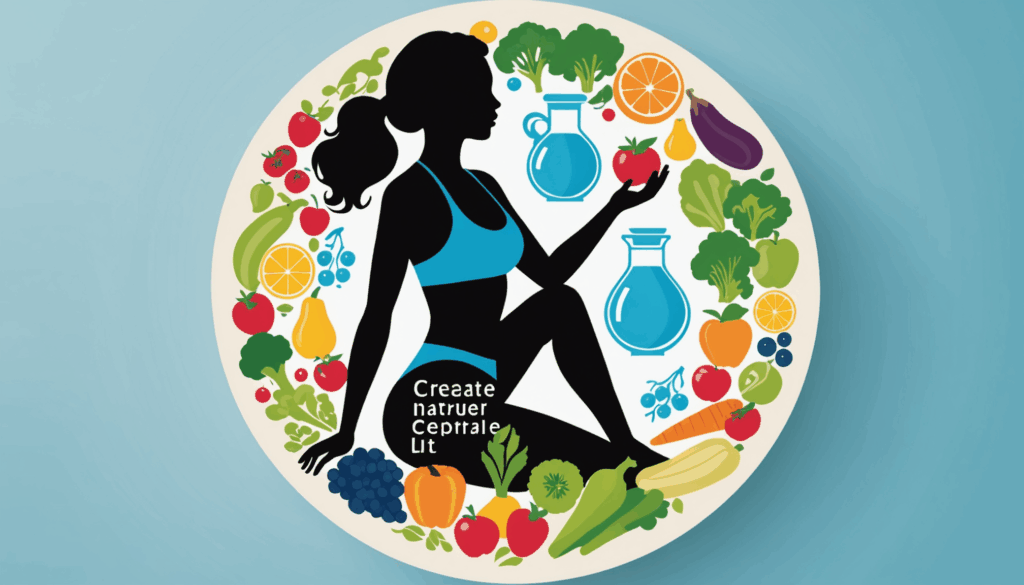 健康的なライフスタイルを表現した画像。くびれのある骨格ウェーブの女性シルエットが、食事や筋トレ器具に囲まれた様子。