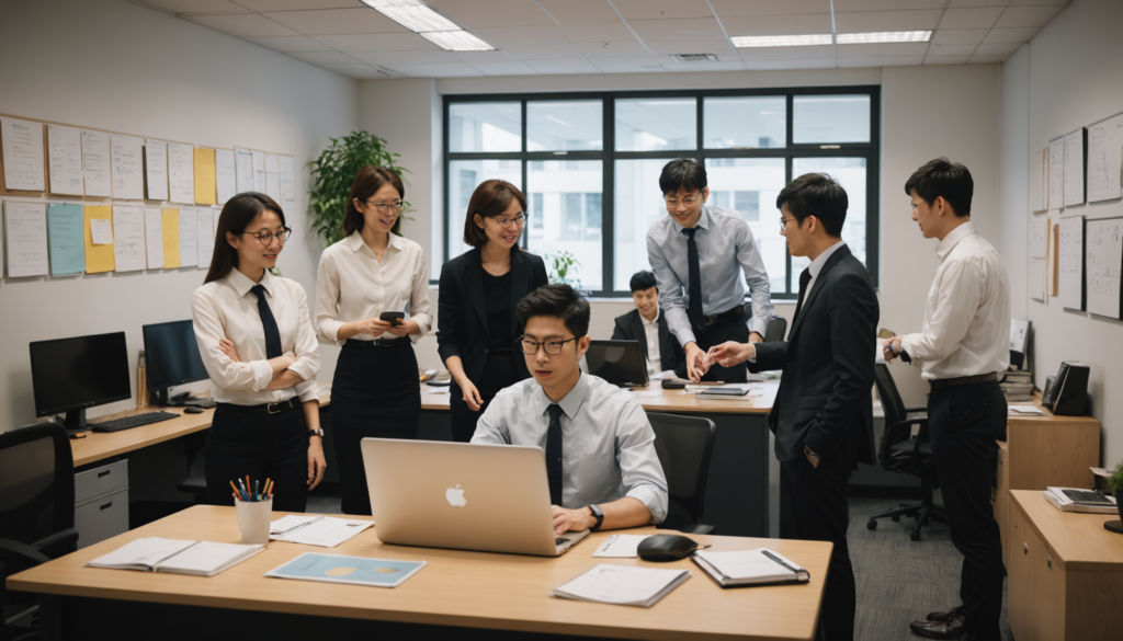 多様な人々がコミュニケーションを取りながら働くオフィスの写真。新卒社員が人間関係や仕事のストレスを感じ、辞めたい理由を考えている様子が表現されています。