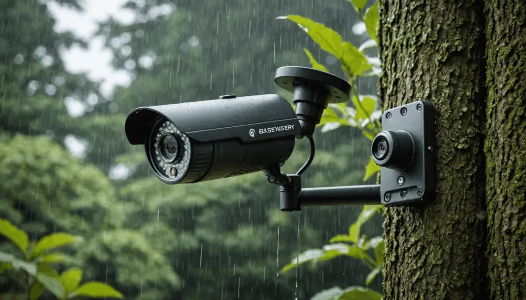 高画質の屋外防犯カメラが雨の中に設置され、防水と防塵機能を強調しつつ、夜間視界の性能を示している様子。