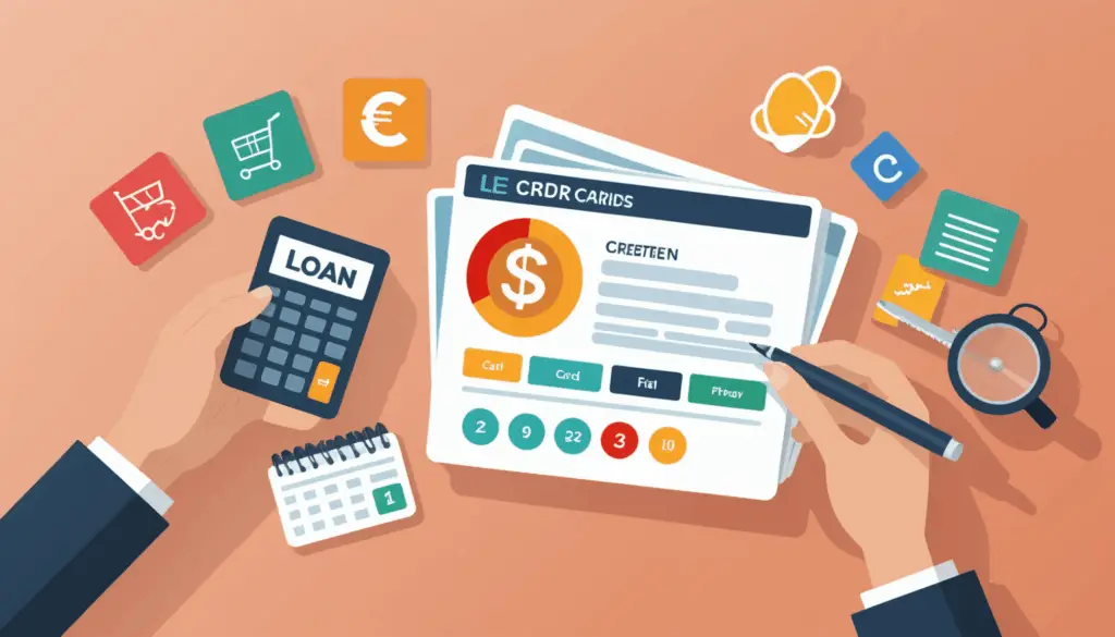 カードローンの借り換えをテーマにした画像。金利比較や融資スピード、無利息期間を示すグラフや時計、金銭シンボルが描かれている様子。