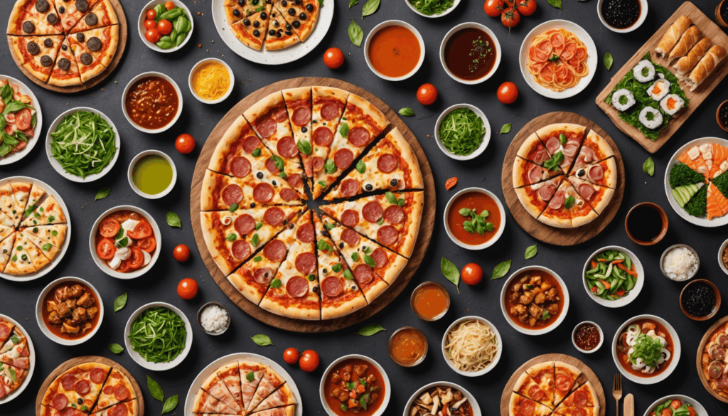 賑やかな市街地を背景に、ピザ、寿司、ハンバーガー、デザートなどの美味しい料理が並ぶフードデリバリーのシーン。