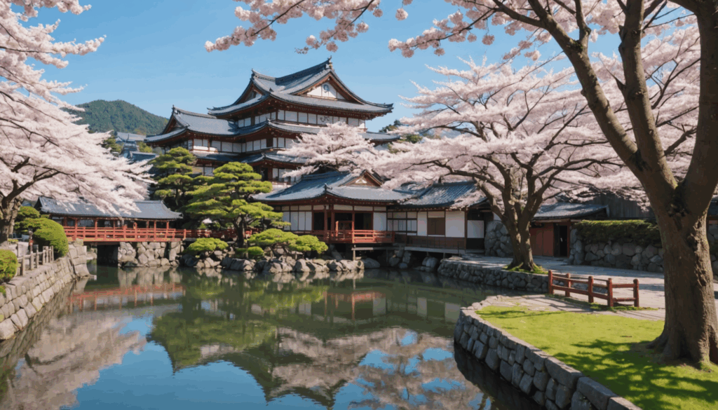 日本のアニメ聖地巡礼スポットで、伝統的な建築と桜が美しい風景を背景に、日本の観光客が写真を撮っている様子。
