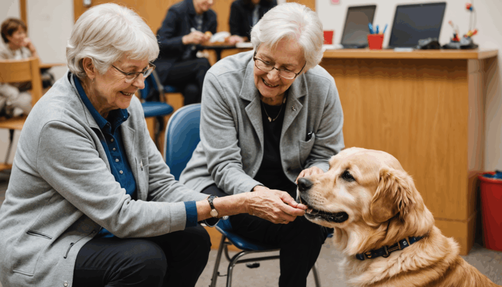高齢者が介護施設でセラピー犬と触れ合い、動物との活動を通じて意欲を高めている様子。アニマルセラピーの効果が感じられる温かな場面。