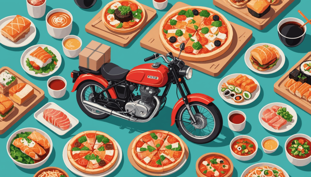 フードデリバリーサービスのイラストで、寿司、ピザ、ハンバーガーなどの料理が描かれ、背景には配達バイクがあります。