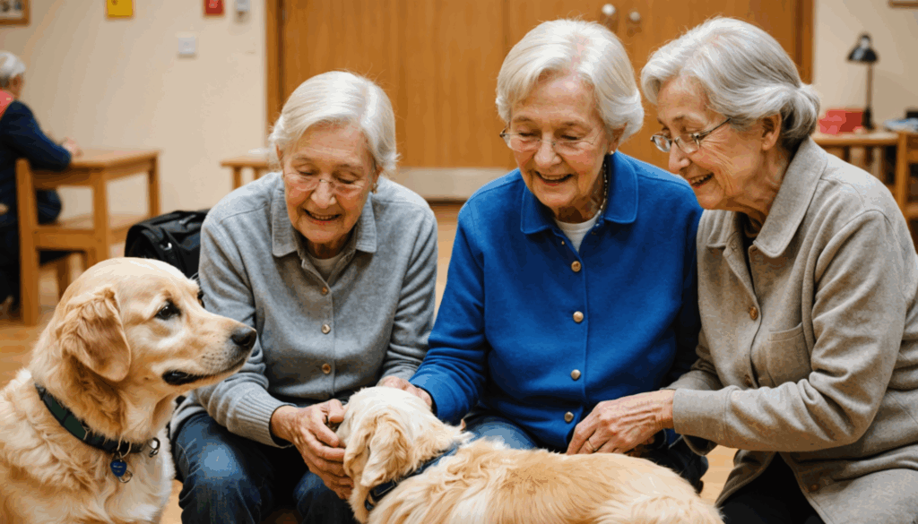 高齢者とアニマルセラピー犬が触れ合い、温かい環境でコミュニケーションを楽しむ様子。ストレス軽減や健康促進の効果が期待される活動です。