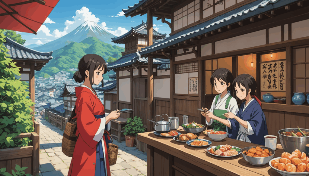 アニメの聖地巡礼をテーマにしたイラスト。魅力的な風景や地域の文化、地元の美味しい料理を楽しみながらアニメの世界を体験している様子。