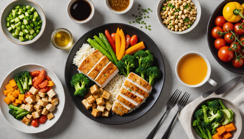 色とりどりの野菜と鶏肉や豆腐などの高タンパク食品を美しく盛り付けた、ダイエットに最適な健康的な食事の写真。