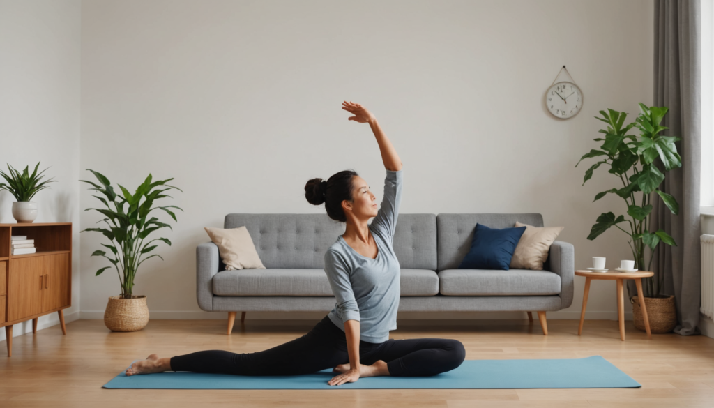 自宅でリラックスした雰囲気の中、軽いストレッチや運動を行っている人の写真。健康的な生活習慣を意識したダイエットの一環として、心と体を整える方法を示しています。