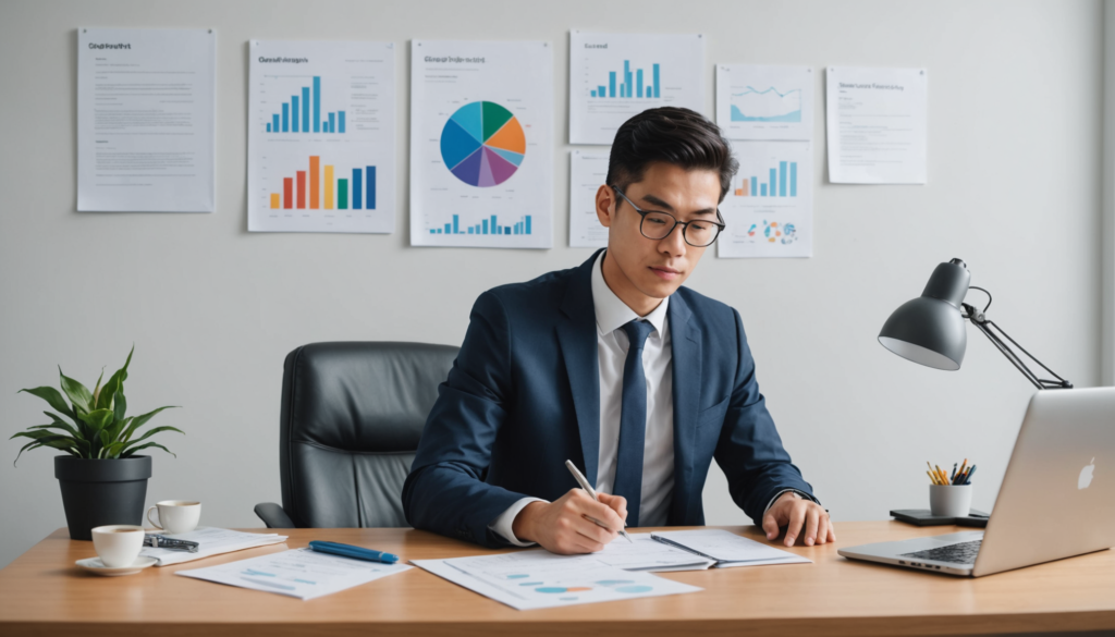 若いプロフェッショナルが財政状況とキャリアプランを評価している様子。新卒の仕事や転職の選択肢を考えている場面を表現。