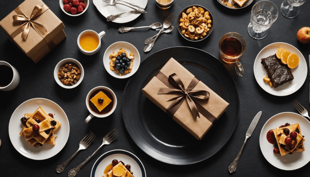 両親への感謝の気持ちを込めた初任給のプレゼントアイデアを表現した画像。食事や旅行、実用的なアイテムが並んでいる様子。