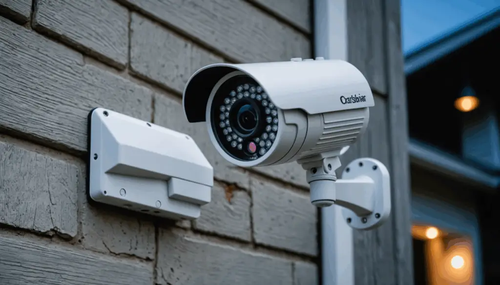 住宅街の夕暮れ時に設置された高画質の屋外防犯カメラ。動体検知機能と夜間撮影が可能で、安心の監視を提供します。