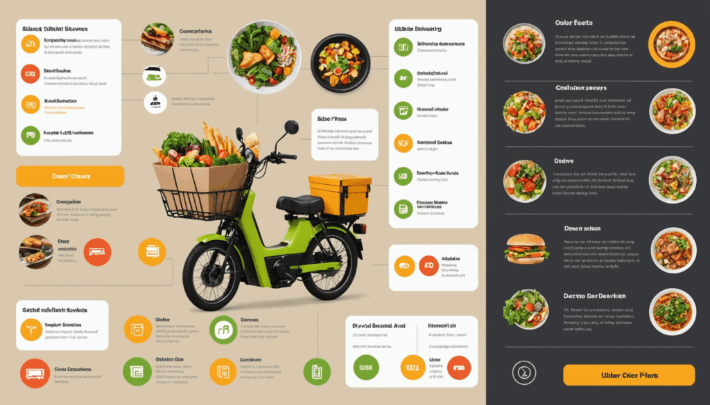 フードデリバリーサービスの比較画像で、Uber Eatsや出前館、menu、Woltの配達エリアと手数料をアイコンとグラフで視覚的に示しています。