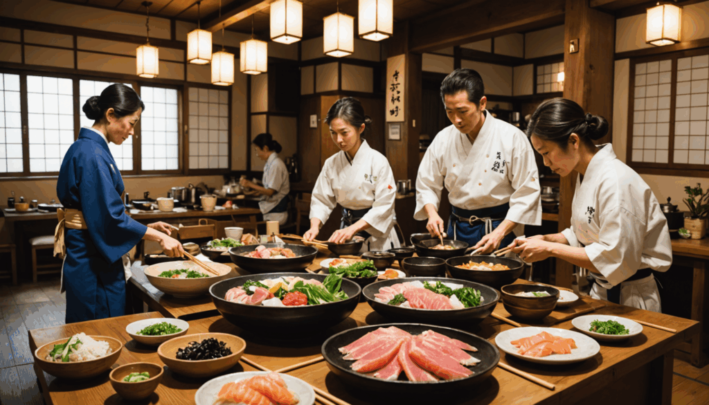 美しい日本の町で、地元の料理や文化活動を楽しむ様子。新鮮な刺身や飛騨牛、職人の作業が見られ、聖地巡礼や観光スポットとしての魅力が感じられる。