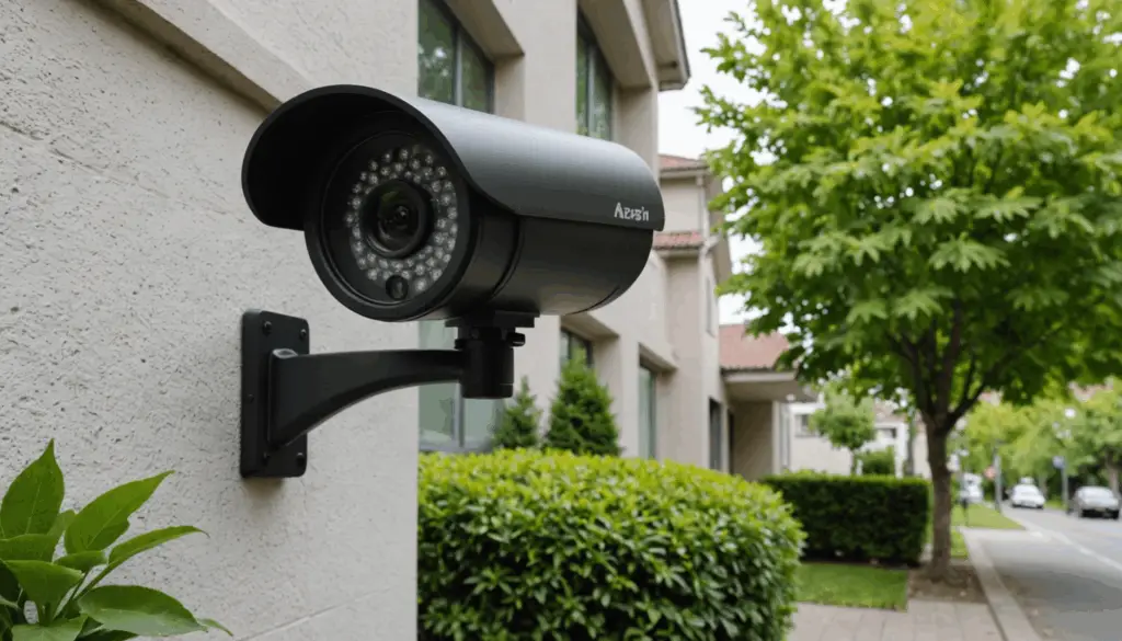 屋外の防犯カメラが壁に設置され、明るい環境で住宅地の広い景色を監視している様子。