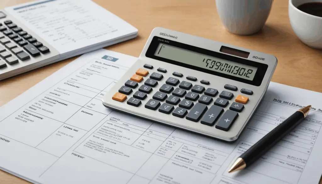 借り換えシミュレーションの利点を表現した、計算機と金融書類が並ぶプロフェッショナルな雰囲気の画像。