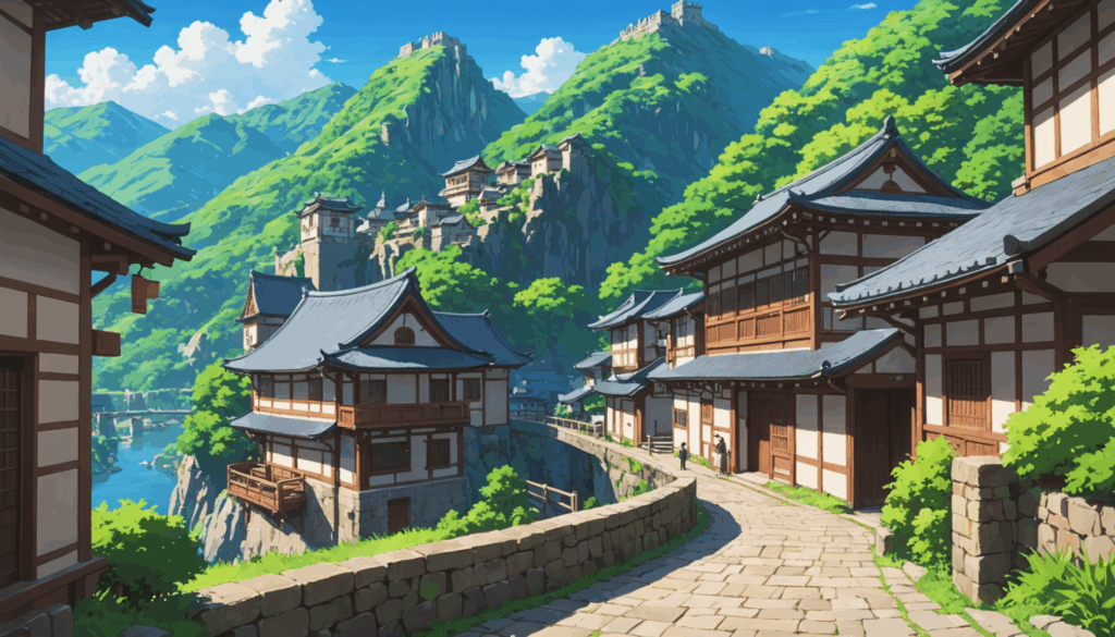 人気アニメの聖地巡礼スポットを背景にした風景写真で、色鮮やかで魅力的な雰囲気が漂う場所の様子を描写しています。