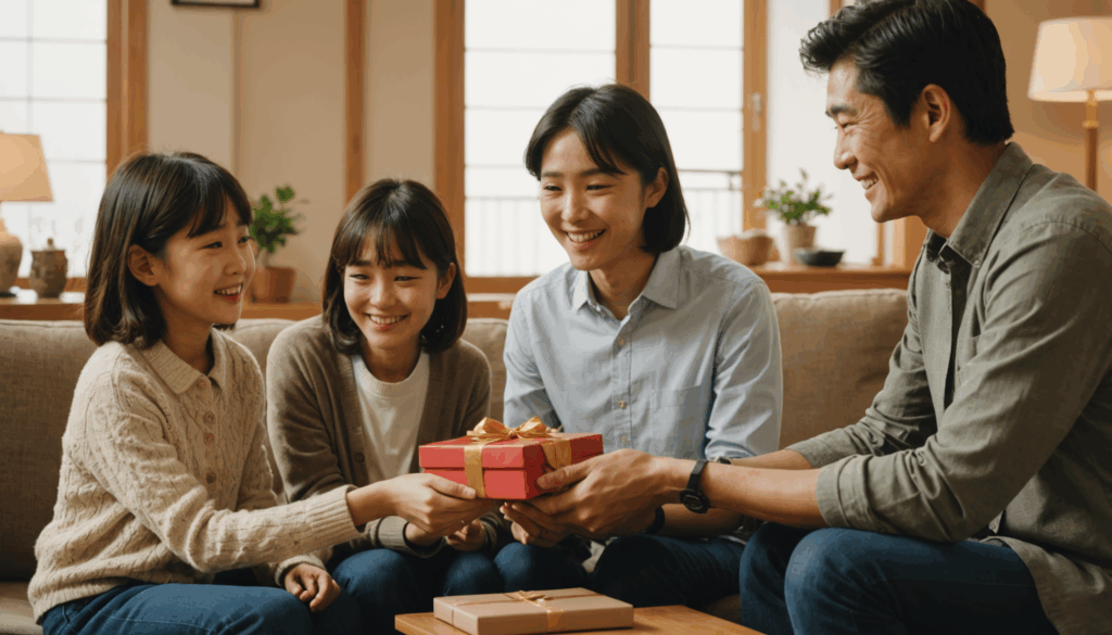 若い日本人の社会人が、初任給で両親に感謝の気持ちを込めたプレゼントを贈る、温かい家族の瞬間を捉えた写真。