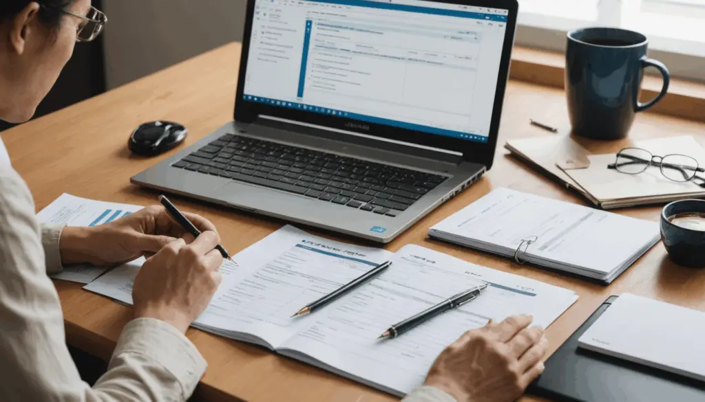 借り換えのための金融書類を準備している日本人の様子。デスクには書類、電卓、ノートパソコンが整然と置かれた明るいオフィス環境。