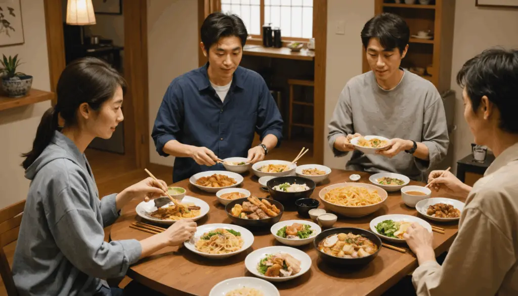 自宅でフードデリバリーを楽しむ日本人の写真。さまざまな料理が並び、温かく居心地の良い雰囲気が漂う。