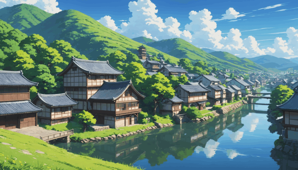 人気アニメの聖地巡礼スポットを描いたイラストで、美しい風景と象徴的な建物が描かれています。日本のアニメ作品の魅力が感じられる旅行体験の一部です。