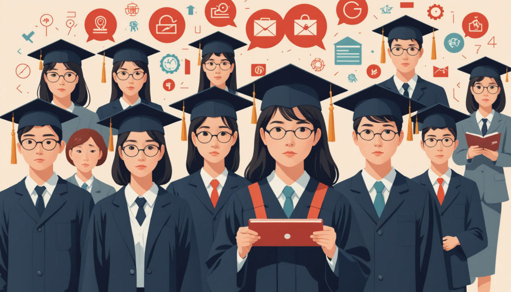 新卒社員が直面する仕事のミスマッチやストレス、成長機会の欠如を象徴する抽象的でカラフルな画像。辞めたい理由や会社の環境を視覚的に表現しています。