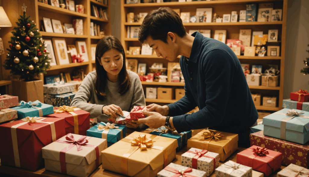 若者が両親への感謝の気持ちを込めて、初任給を使ったおすすめのギフトを選んでいる温かいシーン。