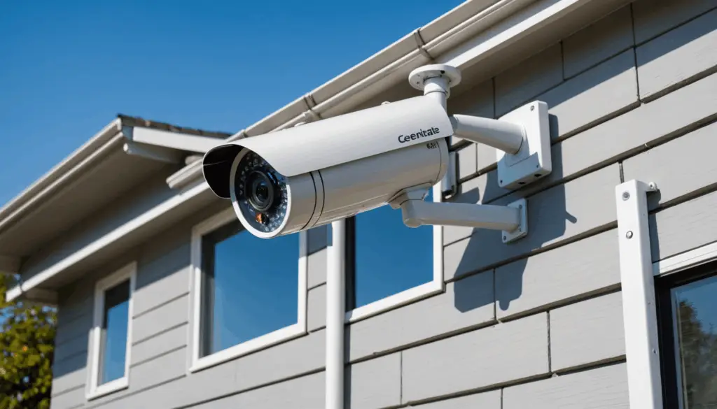 屋外に設置された防犯カメラの写真。高画質で周囲を監視し、防水設計が施された様子が見える。
