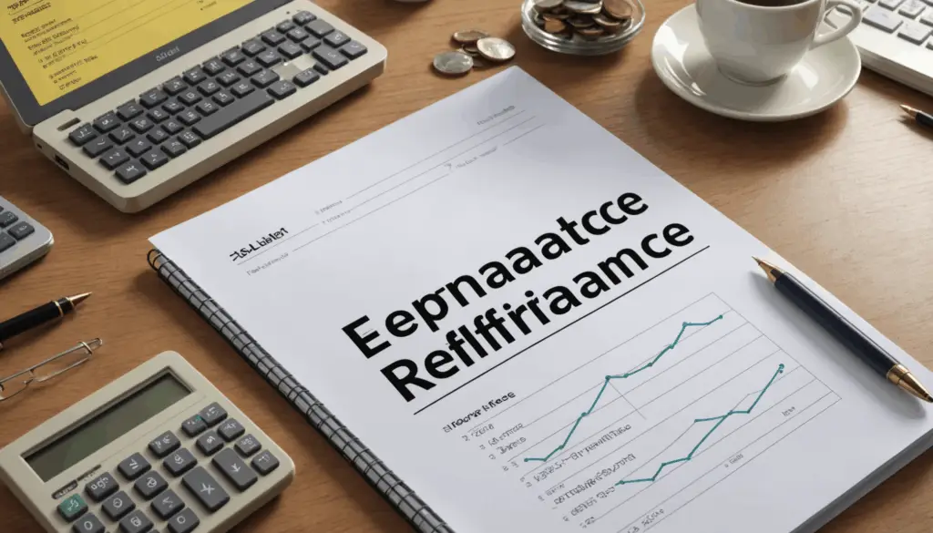 借り換えに関連する金融の概念を描いた画像。低金利や返済計画、グラフやお金、銀行のビジュアルが含まれている。