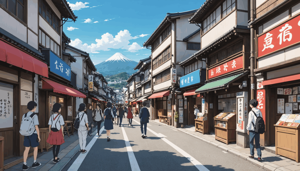 日本の聖地巡礼スポットの写真。人気アニメの象徴的なランドマークが並ぶ賑やかな通りで、ファンが写真を撮っている様子と美しい伝統的建築が背景に映える。