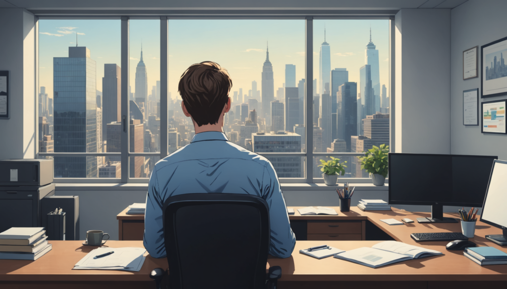 新卒社員が会社のデスクで仕事をしながら、退職理由や辞めたい気持ちについて悩んでいる様子を描いた写真。