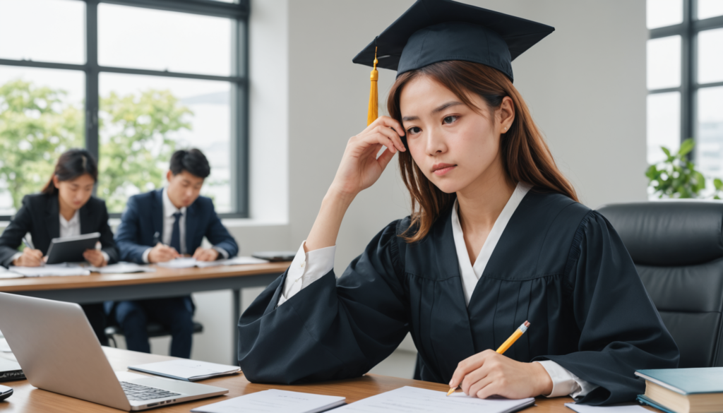 新卒の学生が、健康問題やハラスメント、会社の将来に対する不安から退職を考えている様子を表現したイラスト。