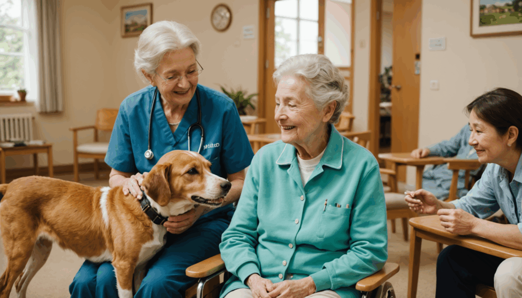 介護施設で高齢者が犬や猫、ウサギと楽しく触れ合うアニマルセラピーの様子。動物とのコミュニケーションがストレス軽減や意欲向上に効果的で、心の健康を促進しています。