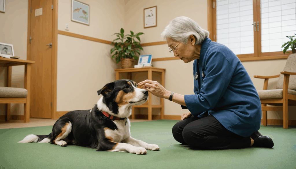 介護施設で高齢者がアニマルセラピーの一環として、セラピードッグと優しく触れ合っている穏やかな様子。ストレス軽減や意欲向上に効果的な活動を示しています。