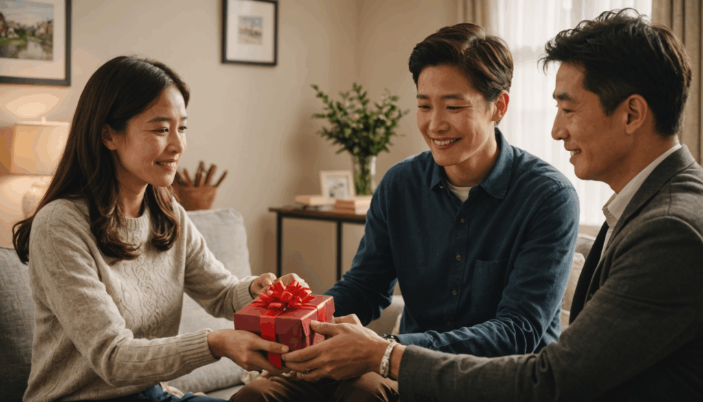 若い成人が両親に感謝の気持ちを込めて心のこもったプレゼントを贈る温かい家族のシーン。初任給を使ったギフトの瞬間を捉えています。