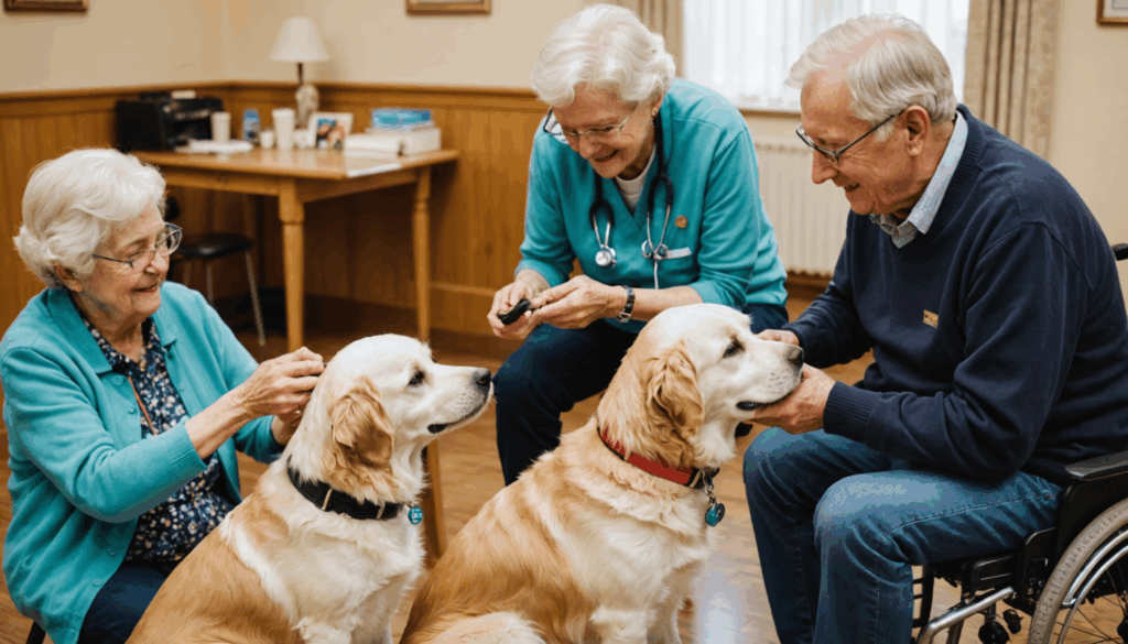 介護施設で高齢者がアニマルセラピーの一環として、セラピー犬や小動物と楽しそうに触れ合う様子。