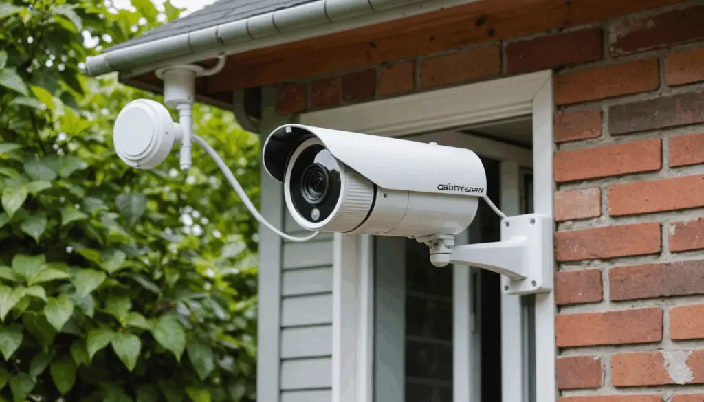 屋外に設置された防犯カメラの写真。高画質で周囲を監視し、防水設計が施された様子が見える。