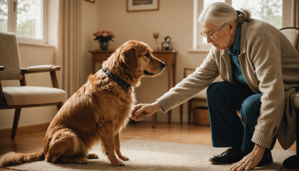 高齢者がアニマルセラピーの一環として、介護施設でセラピードッグと触れ合い、心の安らぎを得ている様子。