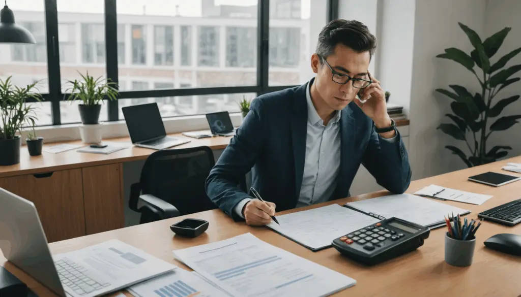金融書類を見直し、借り換えの選択肢を考えている人物のイラスト。デスクには計算機とノートパソコンがあり、落ち着いたオフィスの雰囲気が漂っています。
