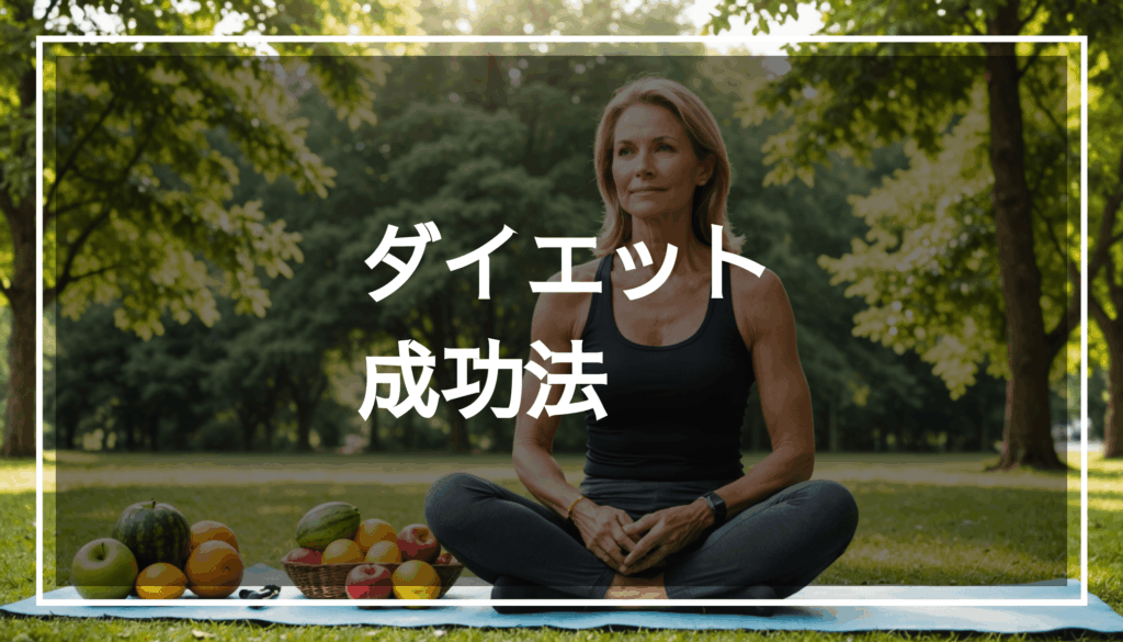 40代女性がリラックスできるアウトドアの風景。新鮮な果物や運動器具が並び、健康的な生活習慣を感じさせる雰囲気。