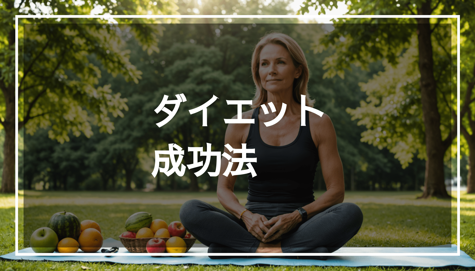 40代女性がリラックスできるアウトドアの風景。新鮮な果物や運動器具が並び、健康的な生活習慣を感じさせる雰囲気。